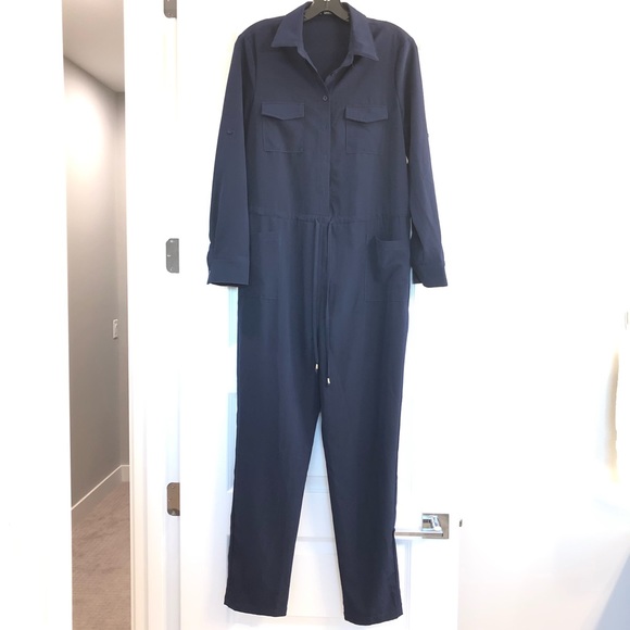 SHEIN Pants - Shein LS Drawstring Button-down Blue Jumpsuit